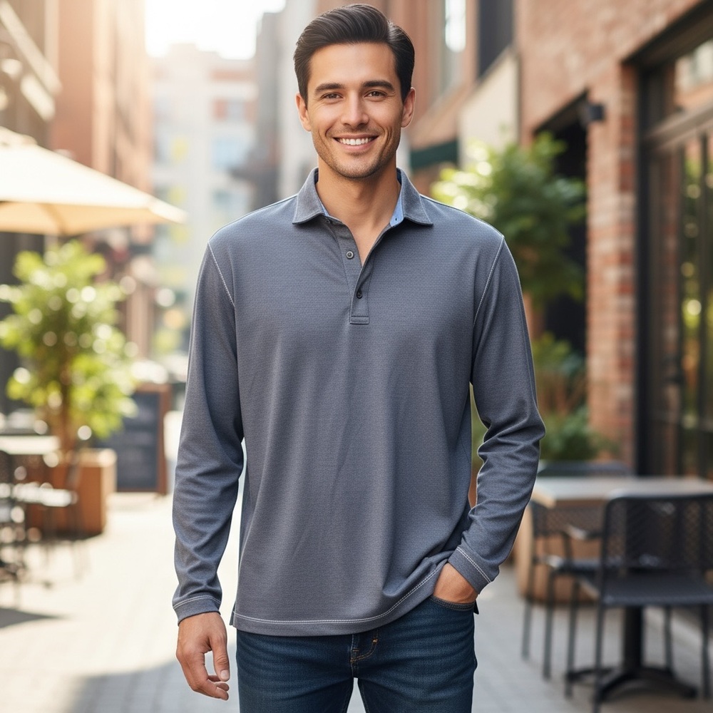 Classic Blue/Gray Long Sleeve Polo Shirt - Picture 1 of 11